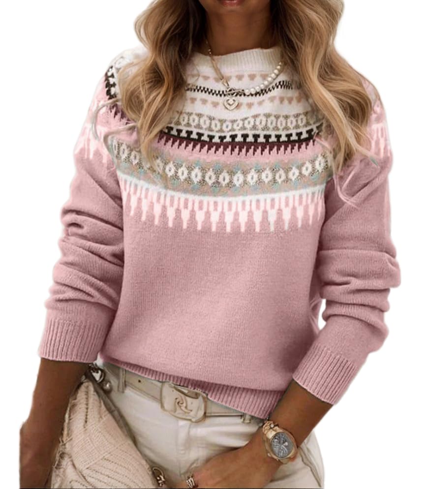 Women's Vintage Fair Isle Knitted Sweater Fall Winter Oversized Casual Striped Icelandic Crewneck Pullover Top