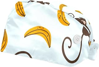 2 Pieces Working Hat with Buttons Adjustable Sweatband Bouffant Hats Unisex Tie Back Hats Happy Monkeys Yellow Banana