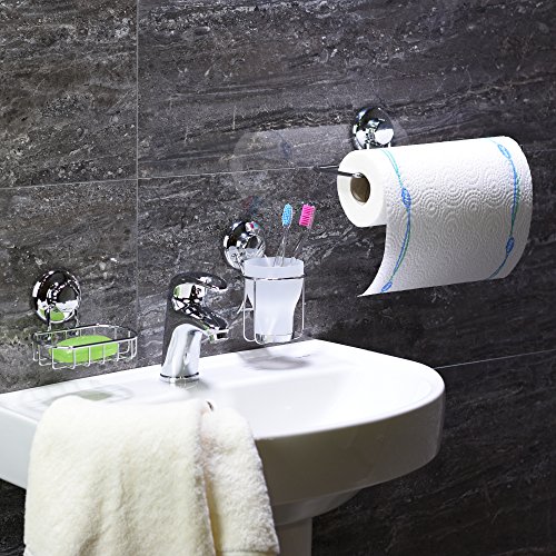 HASKO Accessories - Suction Cup Paper Towel Holder- Chrome Plated Stainless Steel Bar for Bathroom & Kitchen (Chrome)