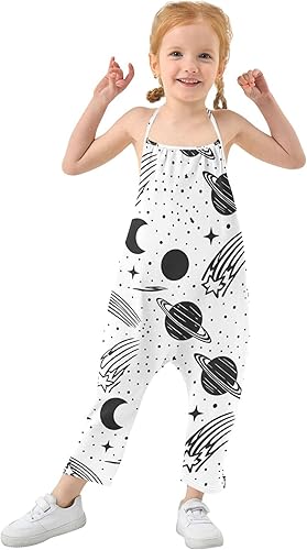 Rompers Toddlers Little Girls Jumpsuit Kid Halter Backless Black White Space Crescent Moons Summer Fashion 1t(1T)