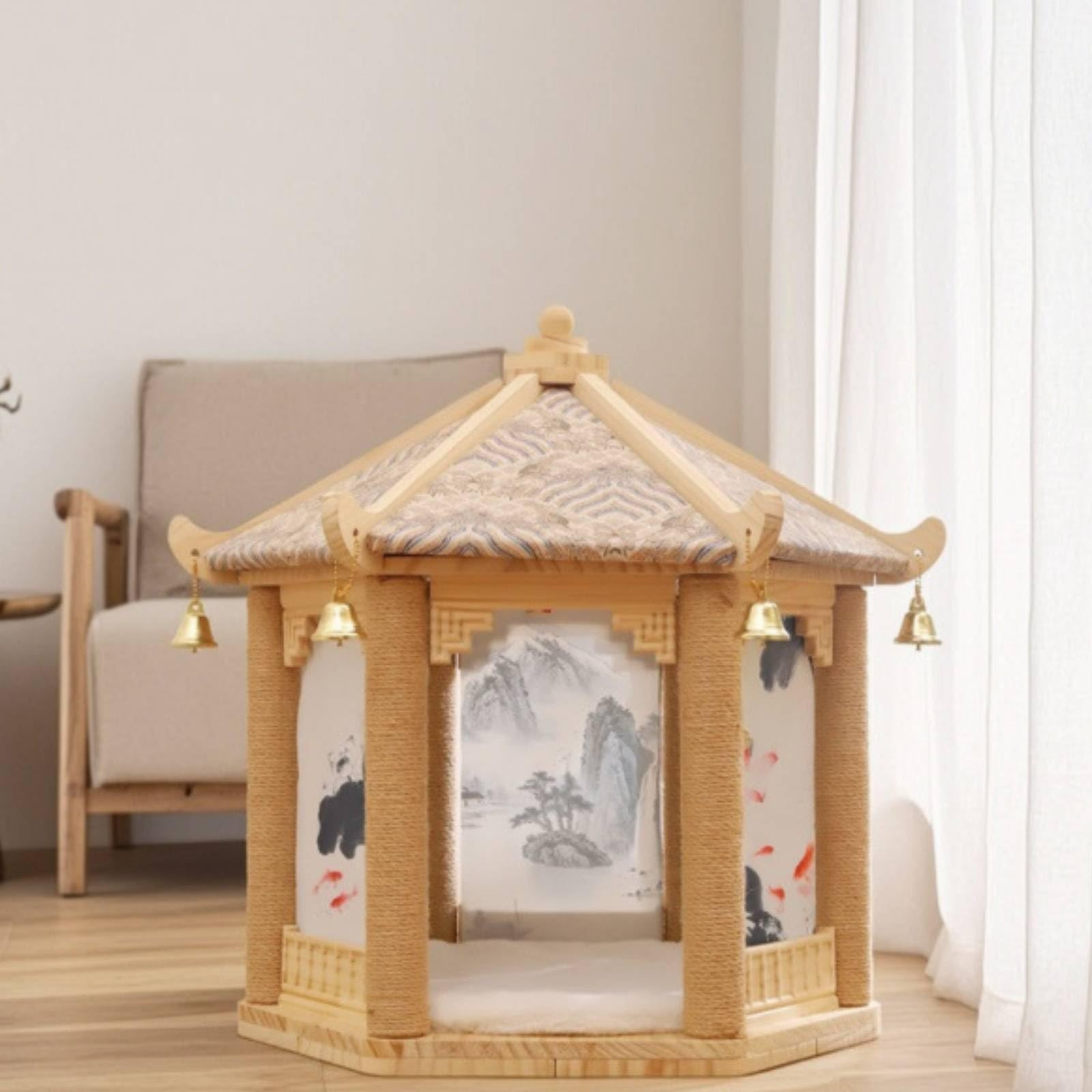 Struttura Arrampicata per Gatti con Tiragraffi in Sisal E Legno Massello con Pannelli Decorativi Stile Inchiostro Adatta per Soggiorno E Camera da Letto