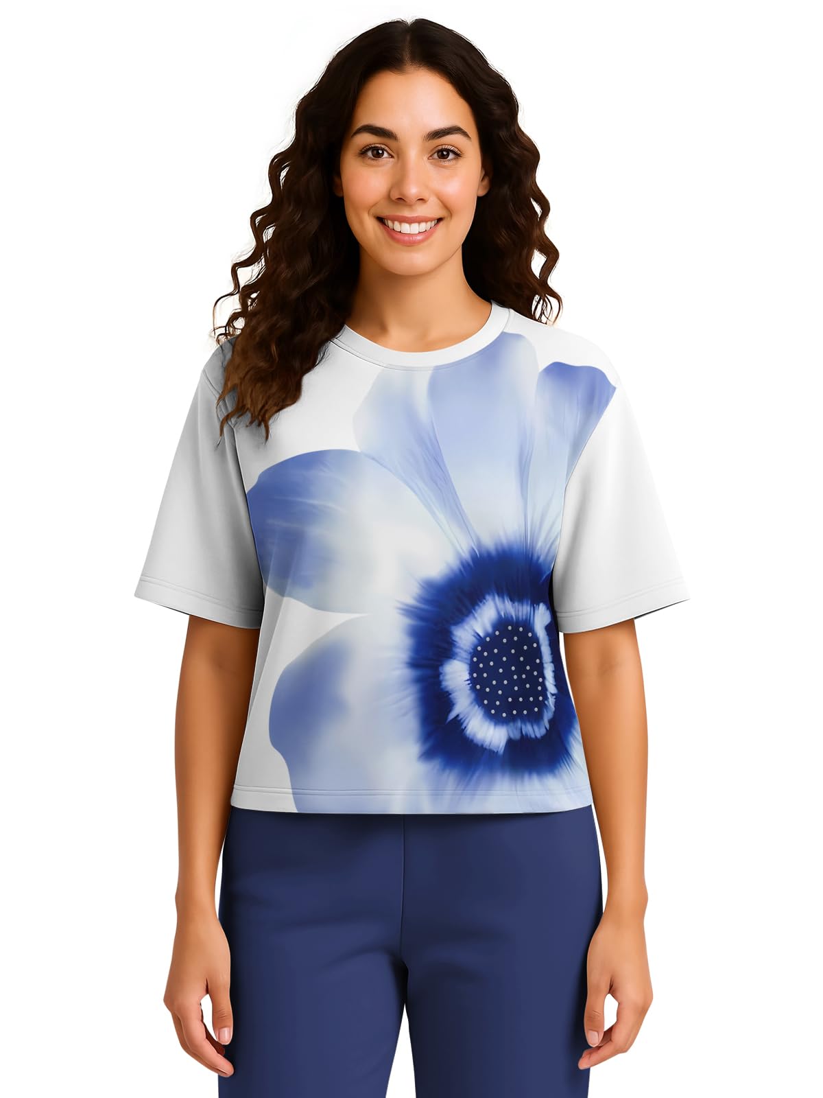 HELLCAT Trendy Printed Oversized Fit Crew-Neck Crop Tshirt for Women_Blue_X-Large