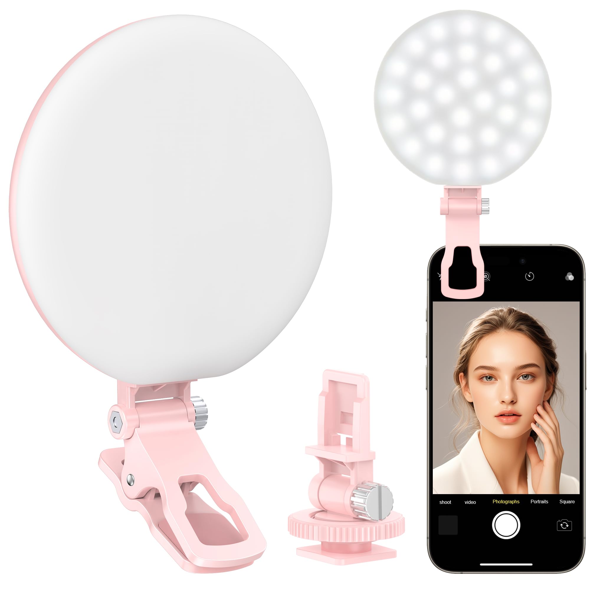 Anautin 60 LED Ring Light, Rechargeable Selfie Light with Front & Back Clip, 2500-6500K Portable Phone Light, Adjustable 3 Light Modes for iPhone, iPad, Tablet, Laptop, CRI97+, 90 Grams (Pink)