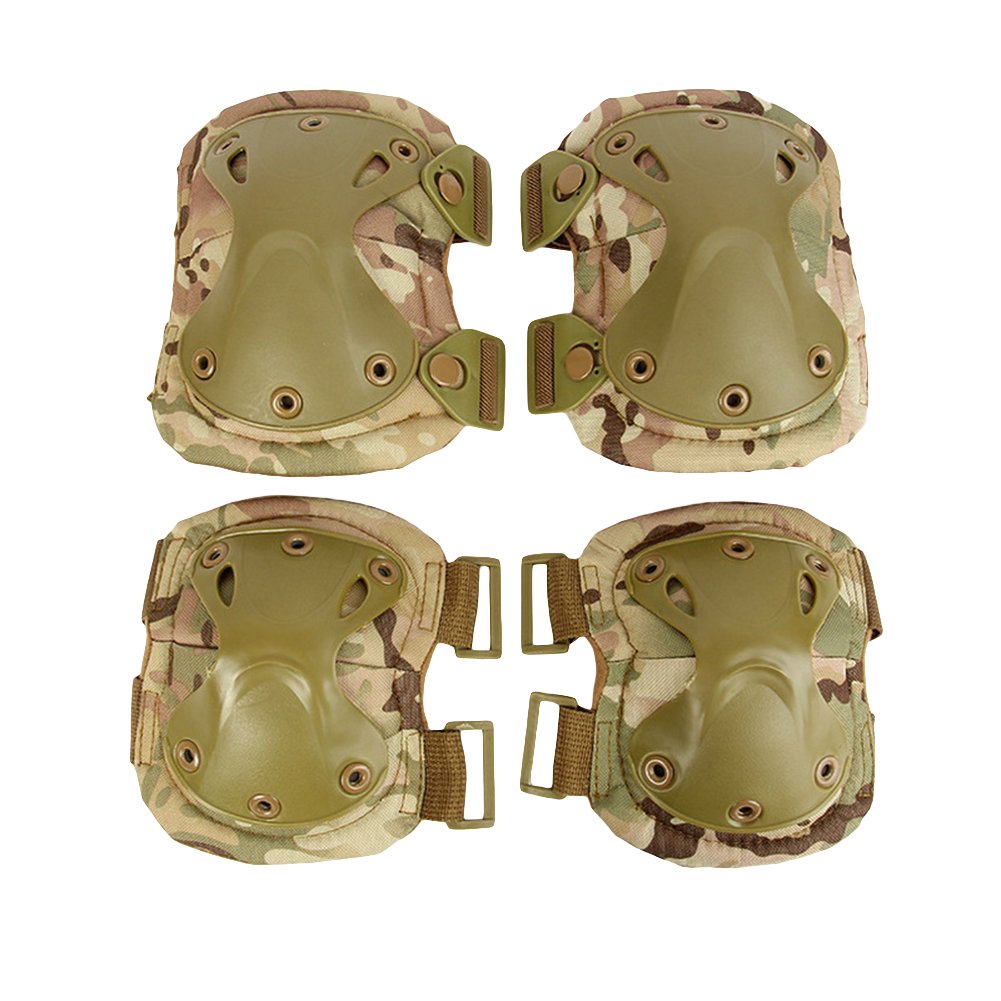 Military Tactical Knee & Elbow Pads Set 4 in 1 Anti-impact Hunting Paintball Shooting Protective Camouflage Knee Pads Support for Outdoor CS and Extreme Sports (CP Camouflage)