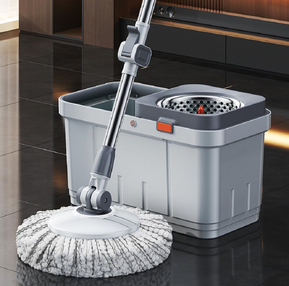 Spin Mop Lavapavimenti con Sistema di Strizzatura Manuale Attivabile Attraverso Il Manico, Set per La Pulizia dei Pavimenti con Secchio E Cestello in Acciaio Inox, Panno 100% Microfibra