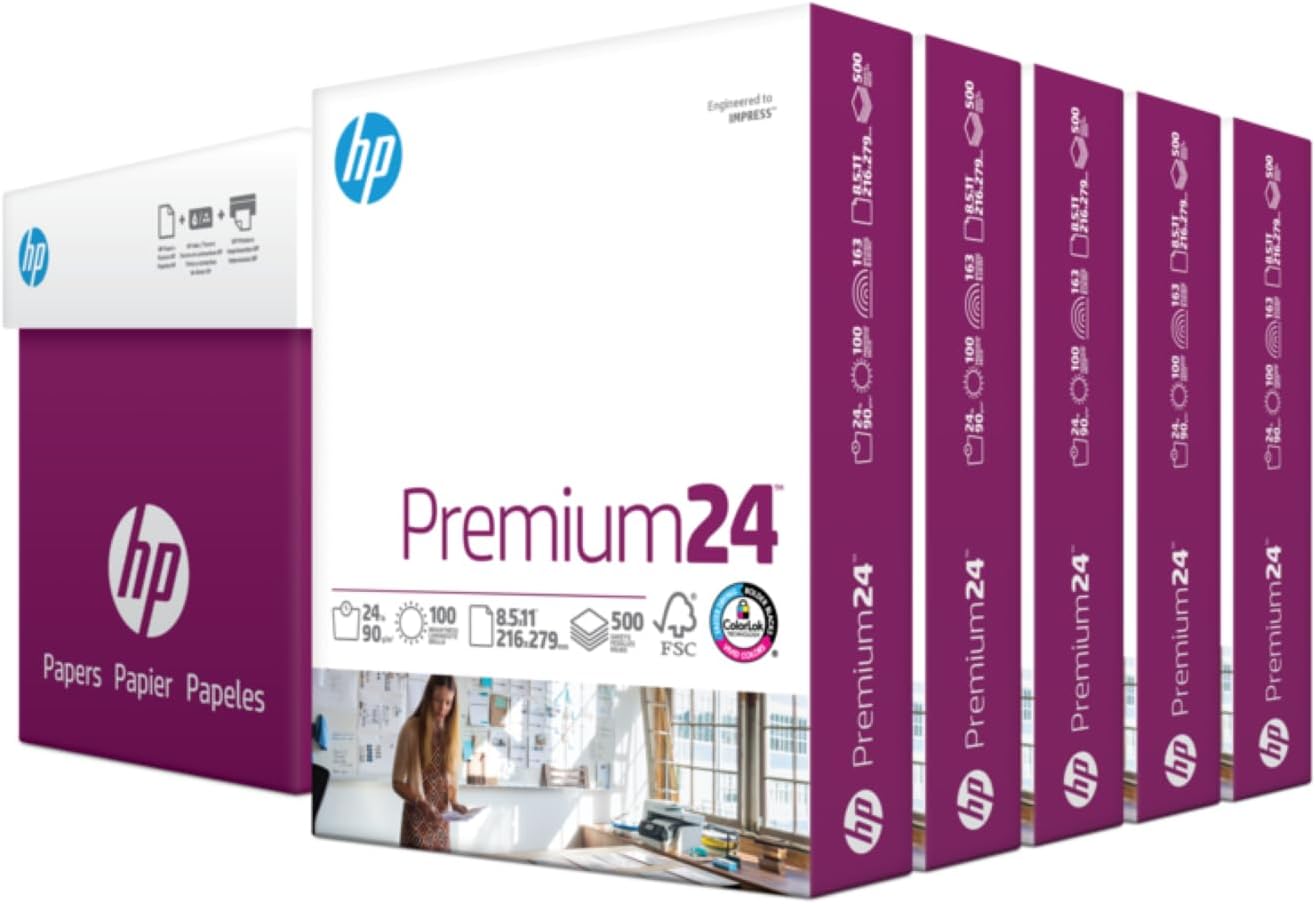 HP Premium24 24lb 8.5x11 Printer Paper, 5 Ream (2500 sheets)