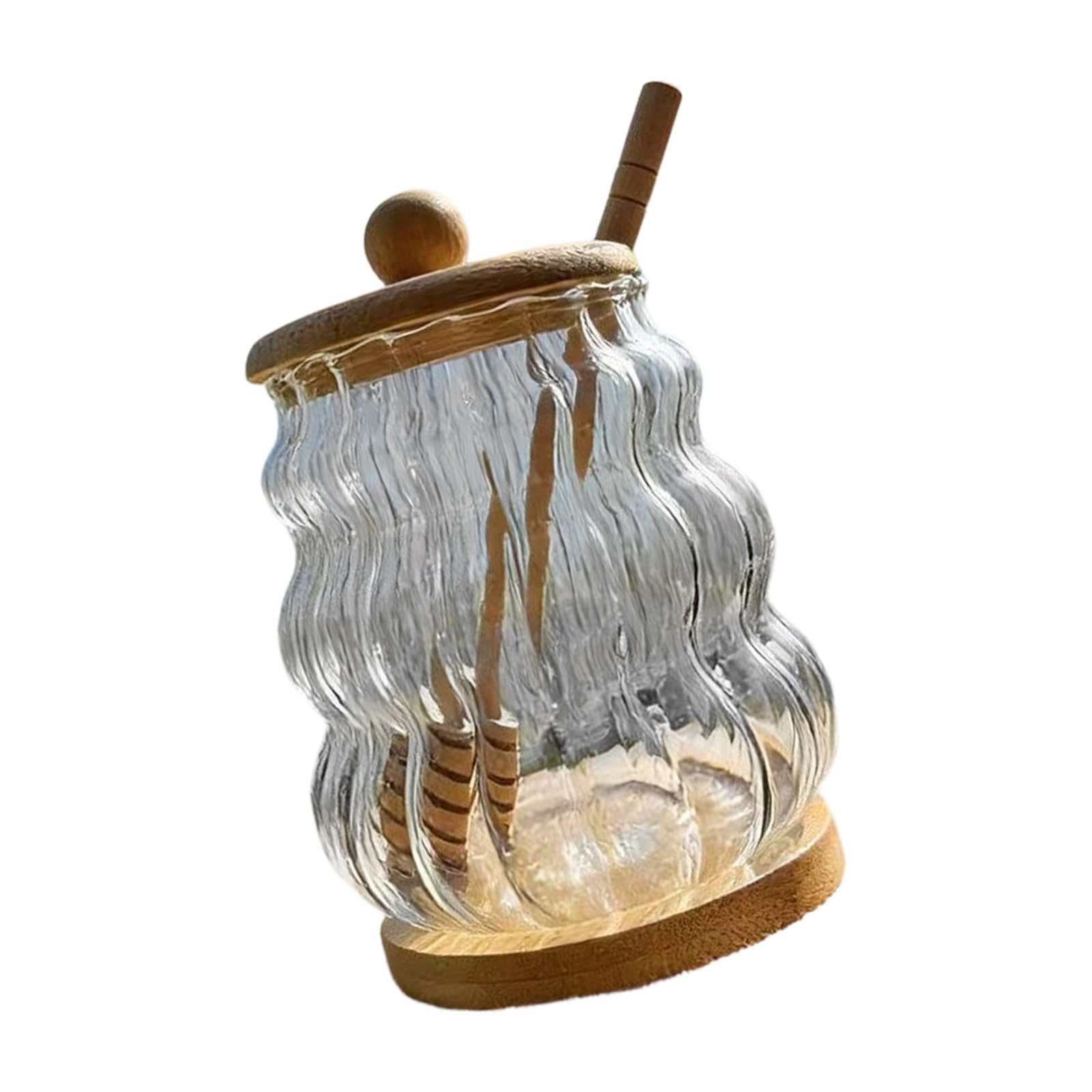 FGDTREE Clear Honeys Jar Shatterproof High Borosilicate Glass Storage Jar with Wooden Stirrer and Lid for Syrups Storage Wooden Lid Dear Container
