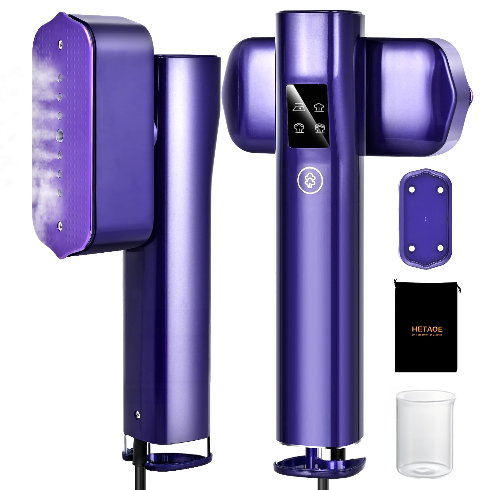 Vaporizador portátil de viaje para ropa, miniplancha 2 en 1, 1000 W, calentamiento en 15 s, tanque de agua de 100 ml, pantalla LCD, giratorio, color morado
