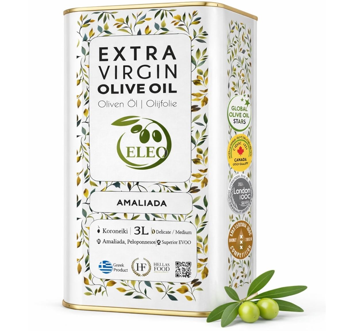 ELEO Amaliada - Extra Natives Olivenöl - 3 liter - 100% Griechische Koroneiki-Oliven - Hervorragende Qualität - Erste Kaltpressung - Reich an Antioxidantien - Internationaler Medaillengewinner