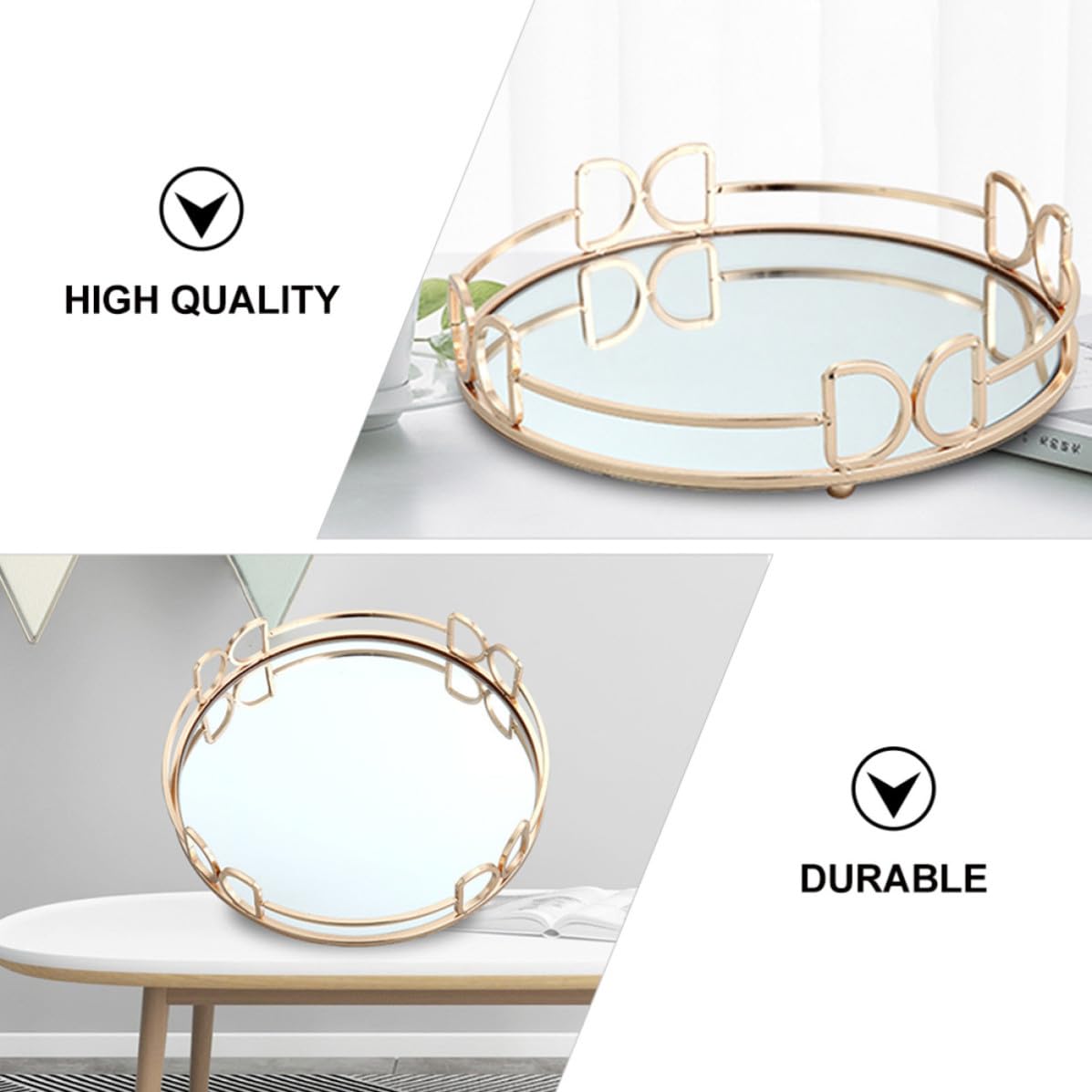 Bandeja Decorativa Dorada y Estilo Nórdico de Metal Espejo para Guardar Cosméticos y Frutas, Diseño Moderno Adecuado para Salón y Banquetes