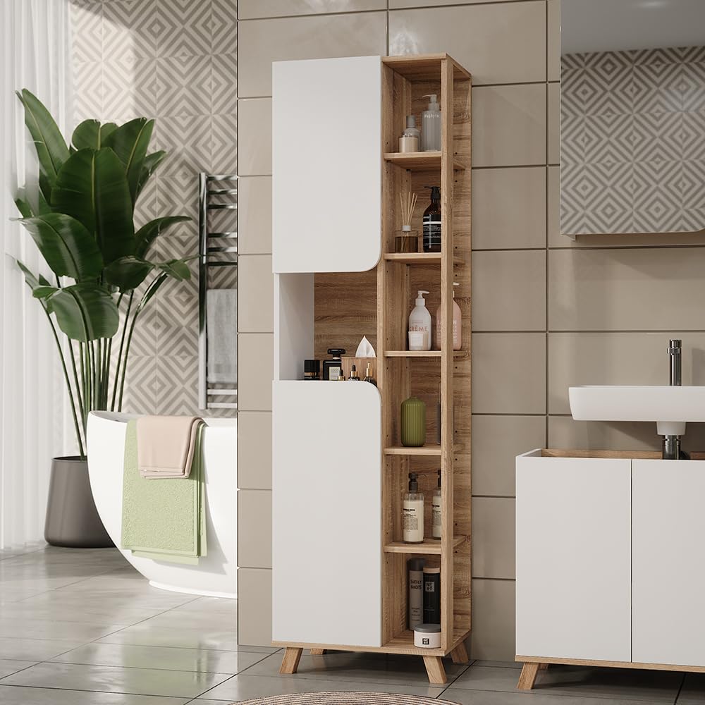 Vicco Armario de baño Karen, Sonoma/Blanco, 50 x 175 cm | con 2 puertas, para guardar artículos de baño y toallas