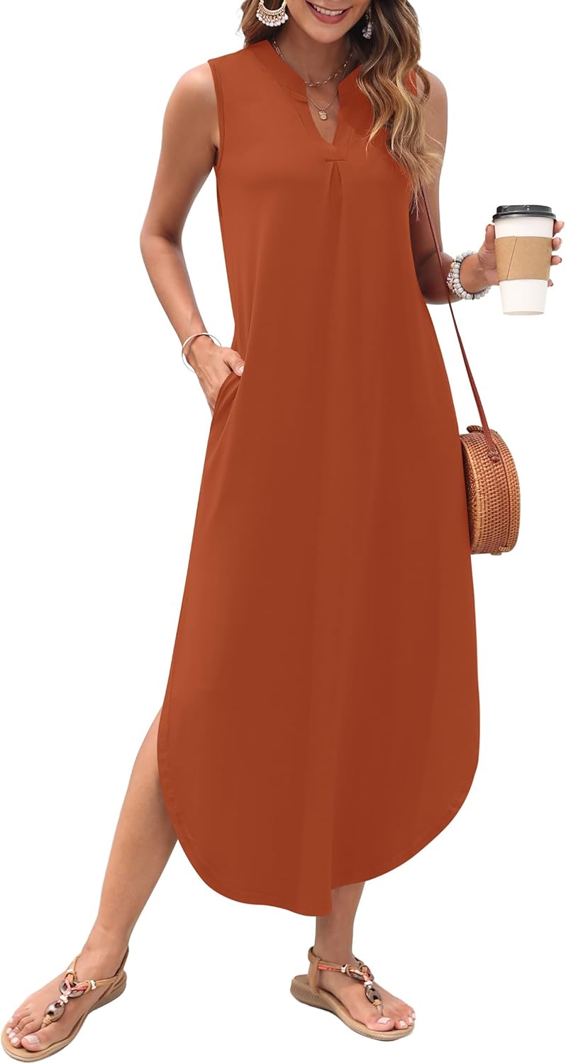 AUSELILY Womens Summer Casual Maxi Dresses 2026 Sleeveless Long Beach Dresses V Neck Loose Sundresses with Side Split Pockets