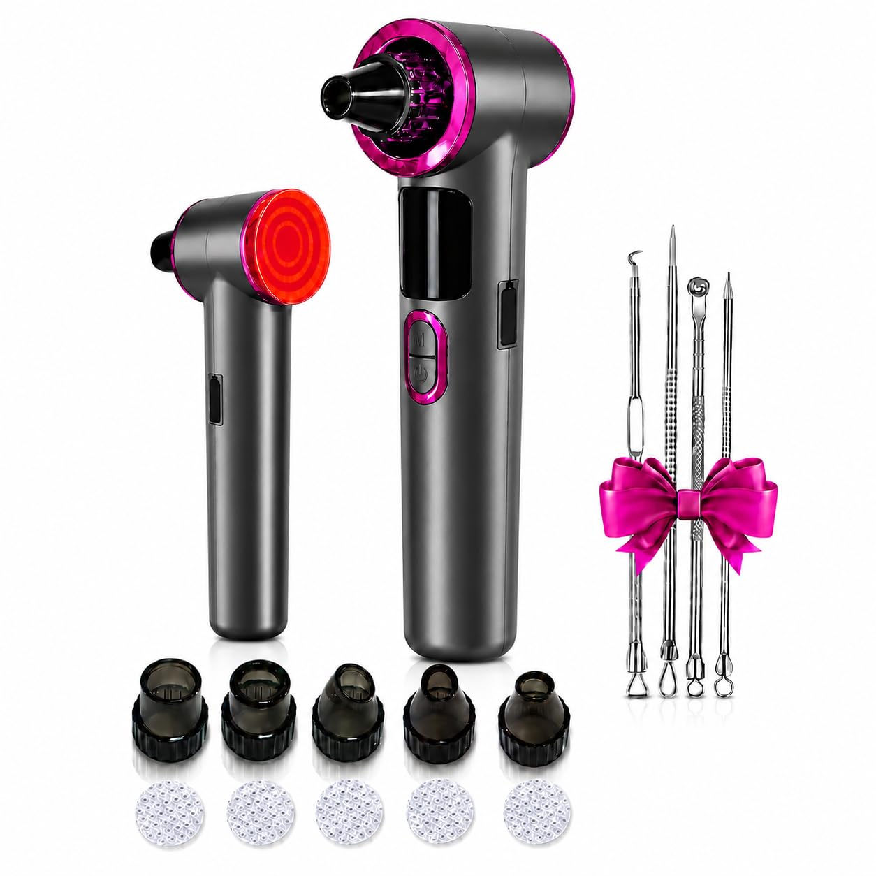 Aspirapolvere riscaldato per la rimozione dei punti neri, con 3 livelli di aspirazione, display a LED, kit per la pulizia dei pori del viso ricaricabile tramite USB, 5 testine e 4 strumenti in acciaio