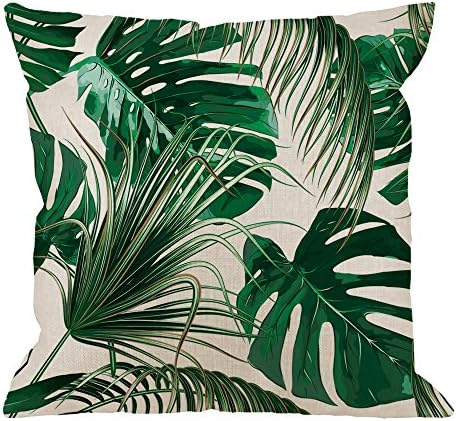 HGOD DESIGNS Palm Leaf Decorative Throw Pillow Cover Case,Palm Tree Cotton Linen Outdoor Pillow Cases Square Standard Cushion Covers for Sofa Couch Bed 18x18 inch Green