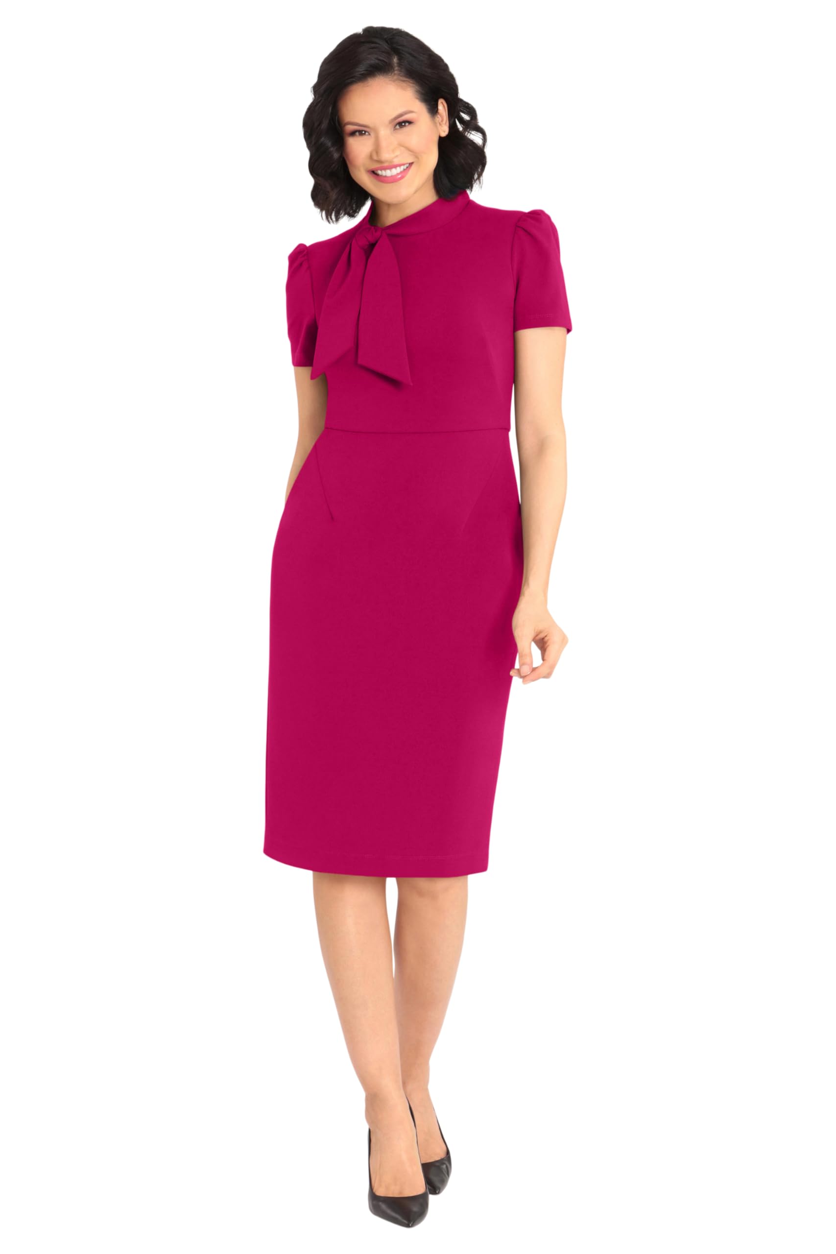 Maggy London Womens Midi Short Sleeve Sheath with Neck Tie Career Office Work WearCocktail Dress
