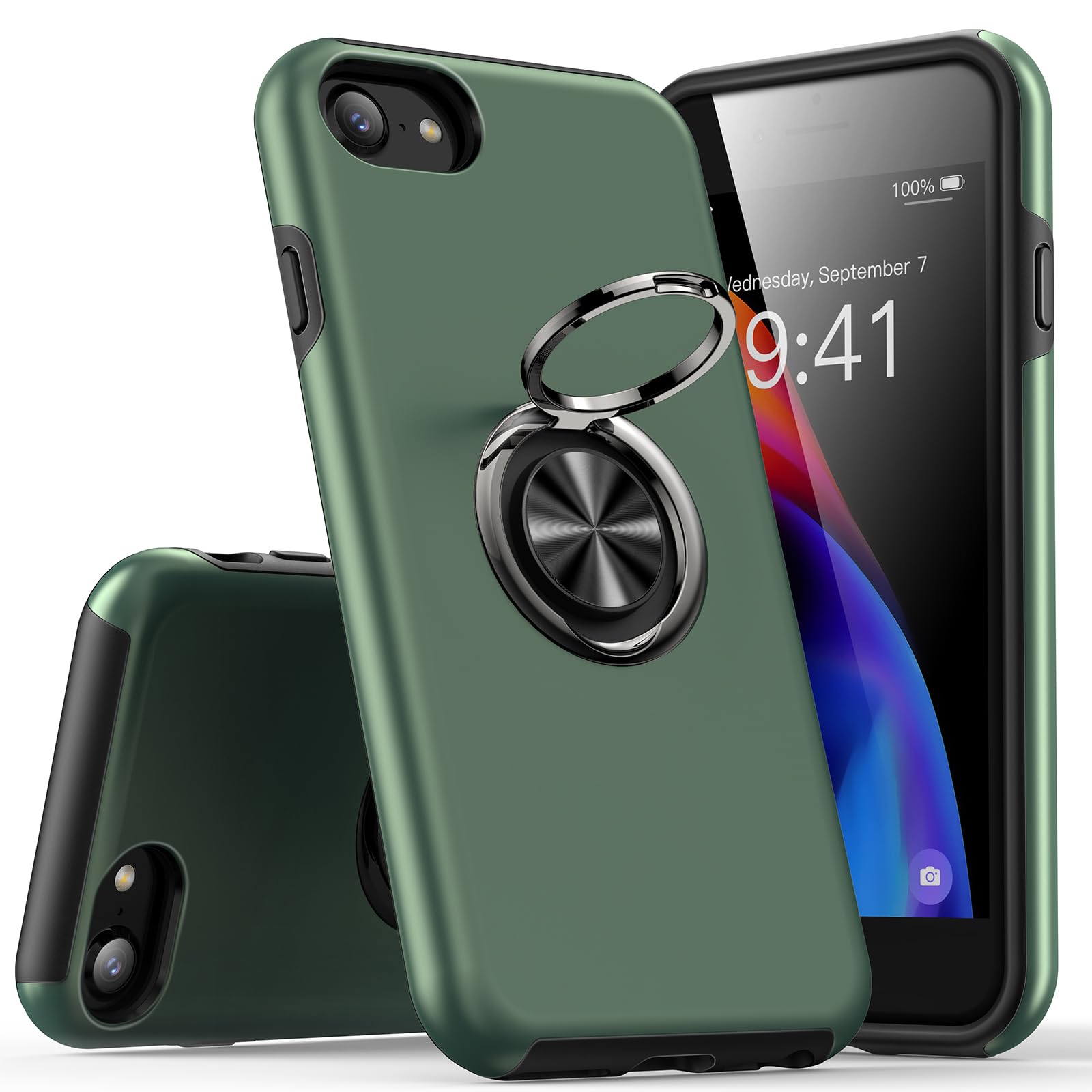 KRAFTCARECase Compatible for iPhone SE 2022 & 2020, iPhone 8 & 7 Case with Kickstand Ring, Shockproof Anti Scratch 360° Magnetic Ring Stand Phone Case Cover Compatible for iPhone SE/8/7 - Green