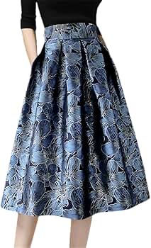 Pleated Jacquard Skirt Women High Waist A-Line Midi Skirts