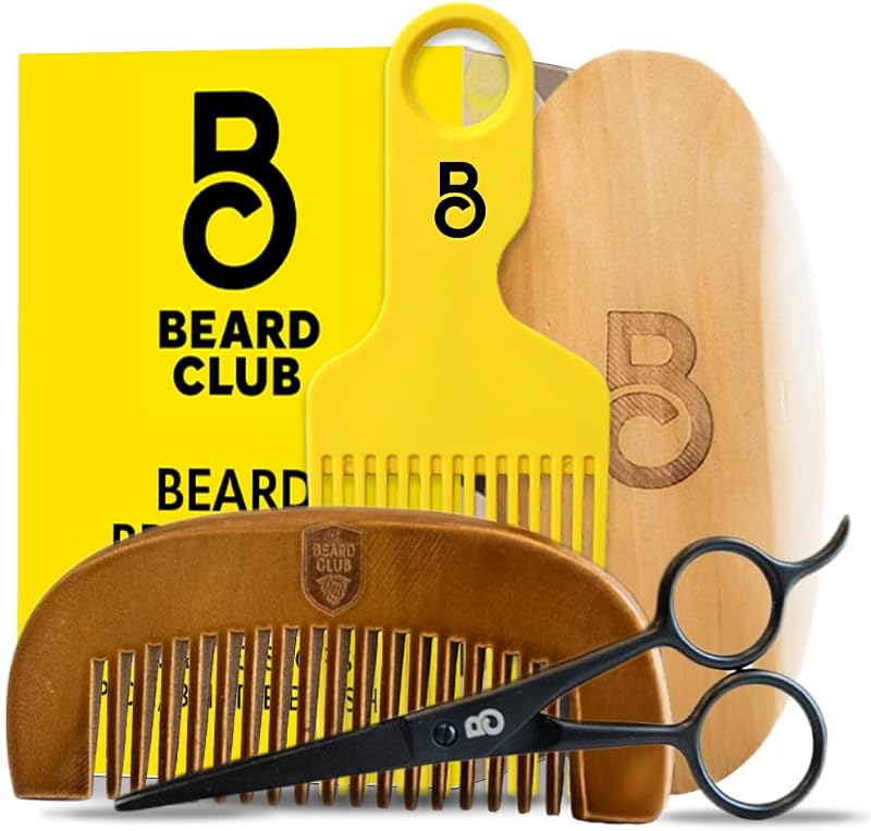 The Beard Club Kit de aseo con cepillo, peine, púa y tijeras para hombres | Herramientas de peinado y recorte para barba y bigote, set de regalo
