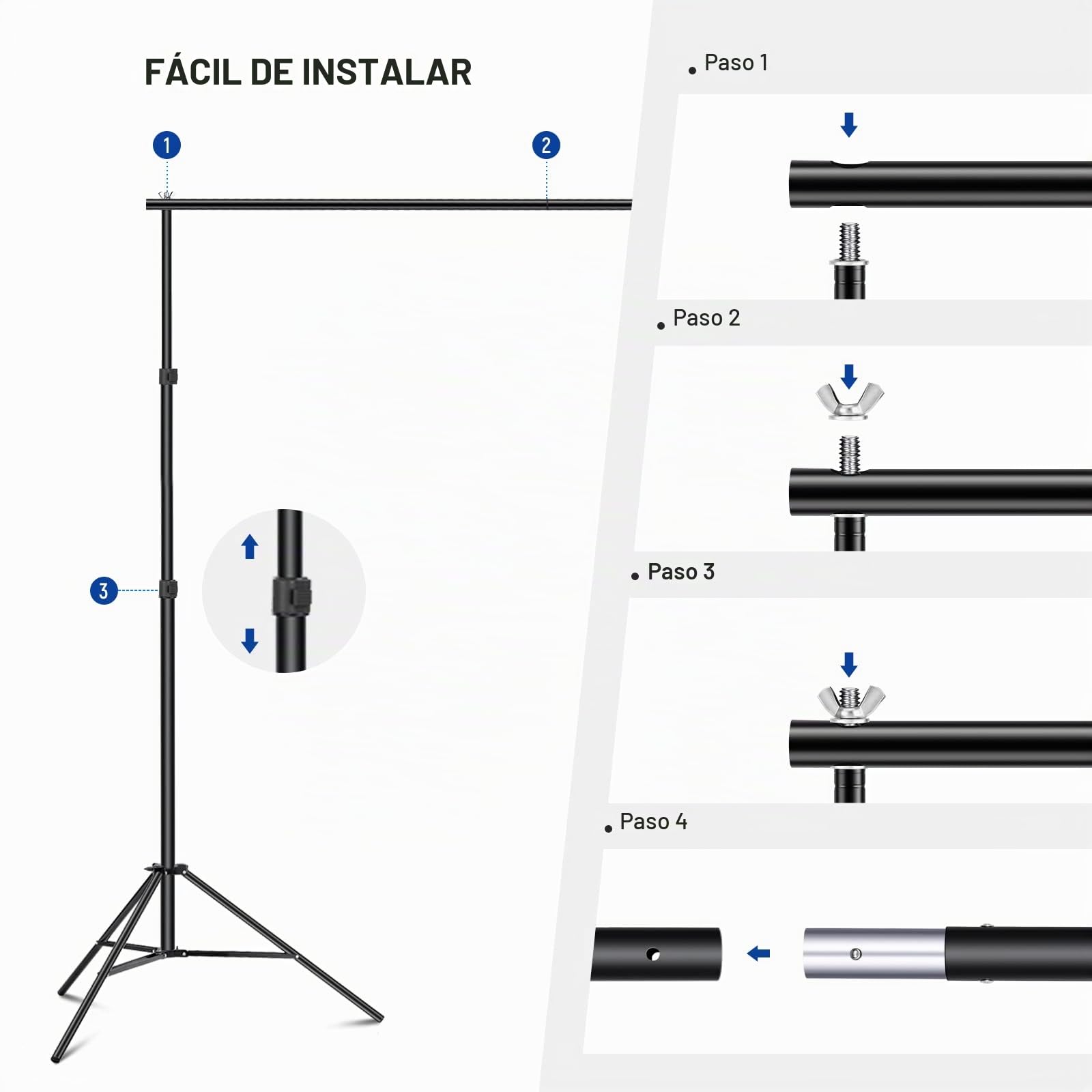 NEEWER Paquete de 3 Sistema de Soporte de Fondo para Estudio Fotográfico,10pies/3m Ancho y 6,6pies/2m Alto Soporte de Fondo Ajustable con 4 Barras, 6 Clamps Fondo, 2 Bolsas Arena, Bolsa Transporte