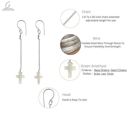 Miniatura 7 de GEMSPLACE Natural Green Amethyst Earrings, Dainty Cross Drop Earring, Birthstone Crystal, Gift for Women, Chakra Energy Healing Crystals