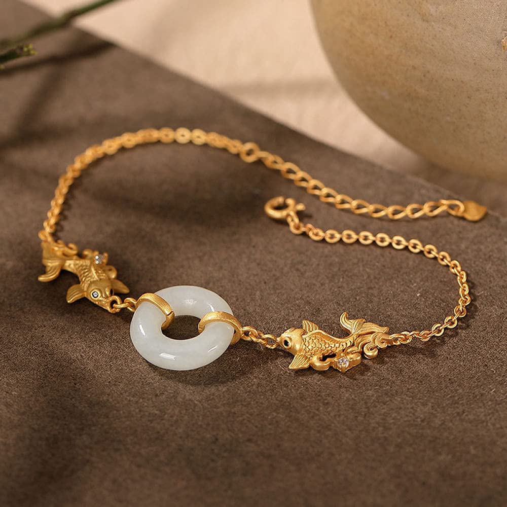 Girls Accessories Bracciale in Argento Sterling 925 Vintage per Donna Semplice Giada placcata Oro Doppio Pesce Carpa Fibbia sicura Gioielli Classici Fascino Spiaggia Estiva Birthday Gift