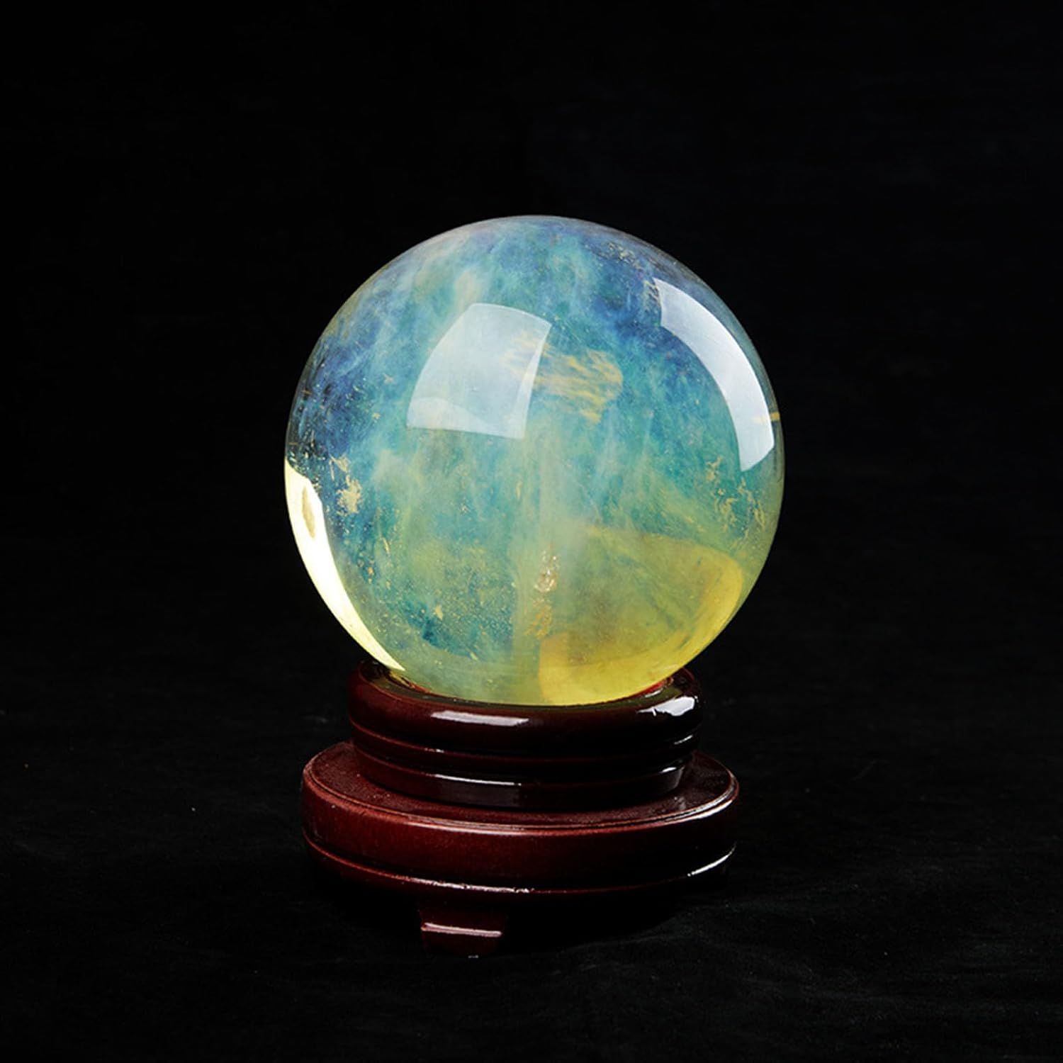 Yellow Crystal Ball Sphere with Stand,Melting Quartz Crystal Gemstone for Healing/Divination/Chakra Balance/Yoga/Home/Office FengShui Decoration,6.7"(17cm)