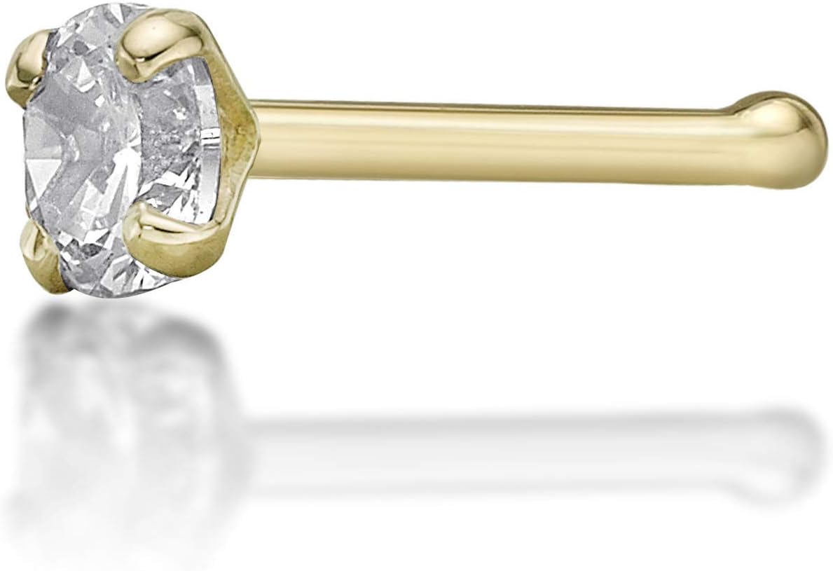 Lavari Jewelers 20 Gauge Straight Bone Nose Stud for Women or Men - 14k White or Yellow Gold 2 mm or 3 mm Cubic Zirconia Nose Ring - Unisex Hypoallergenic Nostril Piercing Jewelry - 20G Body Piercing