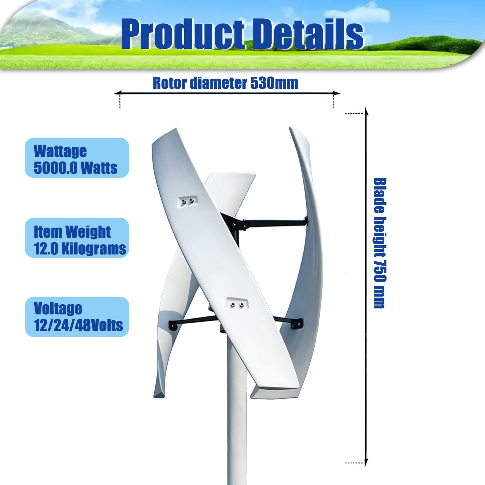 Generador de turbina eólica Vertical 16000W/20000W 12V 24V 48V 220V, con 3 Palas, generador de CC para viviendas, chalets y Sistemas híbridos solares y eólicos(16000W,12V)