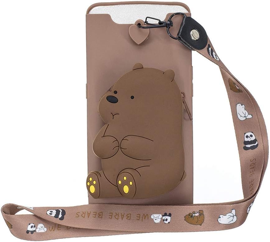 GLORYSHOP Samsung Galaxy A80 Case,3D Cute Cartoon Wallet Pocket with Long Strap Rope and Zipper Rubber Soft Silicone Phone Case Cover Protective for Samsung Galaxy A80,Brown Bear