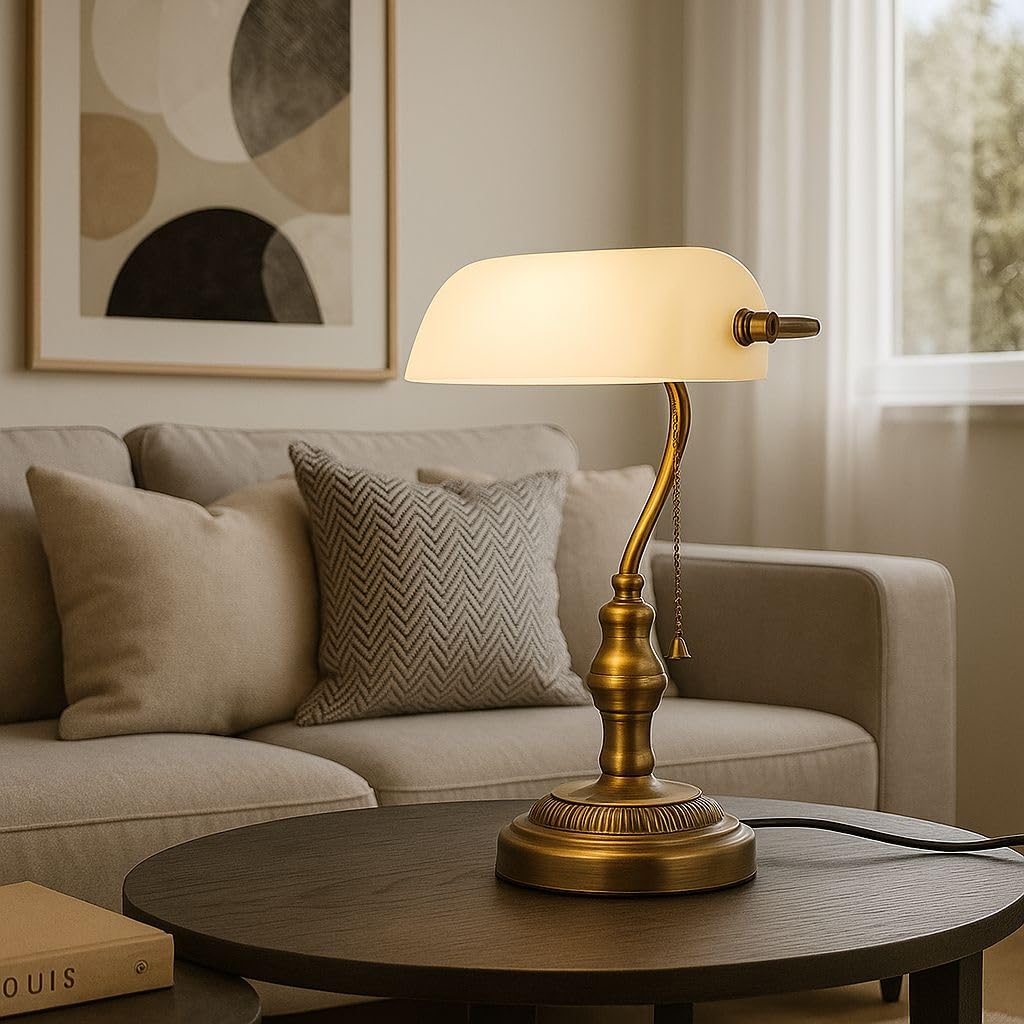 BARCELONA LED Lampada da Tavolo Vintage BANCHIERE E27 – Lampada da Scrivania Retrò con Paralume in Vetro Bianco, Base in Metallo Ottone, Ideale per Ufficio, Studio, Soggiorno Ristorante