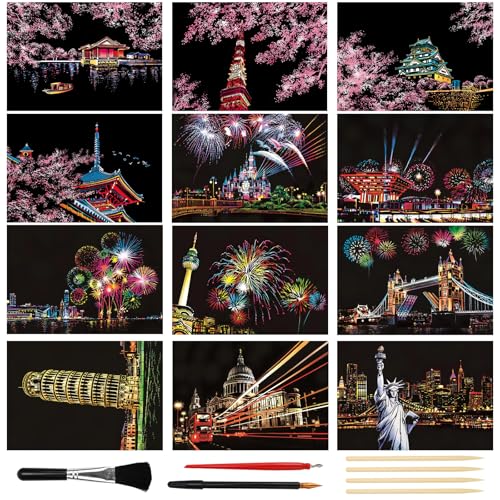 KOUHA Scratch Paper Scratch Art Paper 12 PCS Fuochi D'artificio e Fiori di Ciliegio Carta da Grattare Set di Carta e Penna Fogli da Grattare Vista Notturna Fogli Neri da Grattare Kit