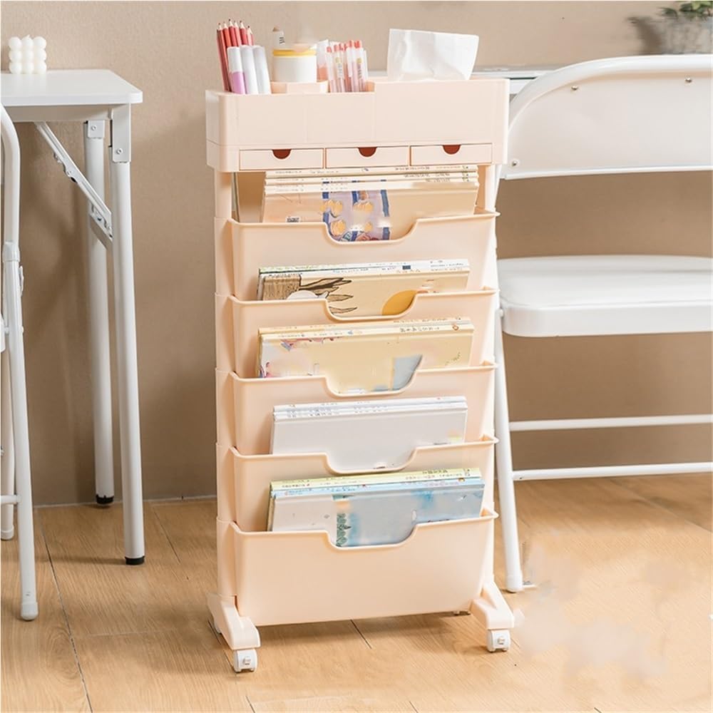 Pink Rolling Book Cart with Wheels Large Capacity Mobile Storage Shelf Magazine Rack for Office & Library Versatile Book and Desk Caddy