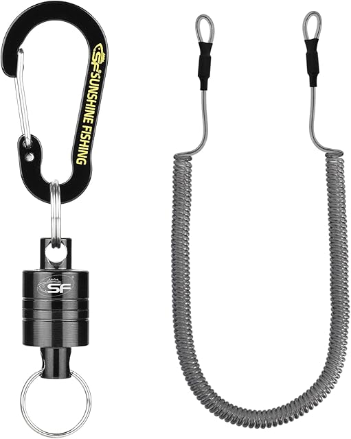SF Strongest Magnetic Net Release Magnet Clip Holder for Fly Fishing Landing Net Retractor with Coiled Lanyard Carabiner