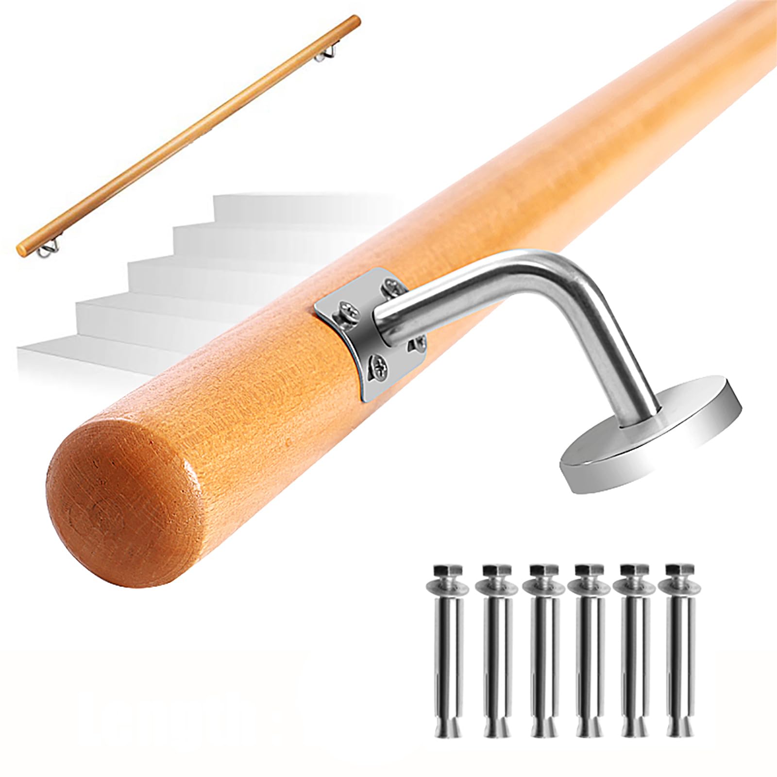 INMOZATA Handrails for Stairs, 100CM/3.4FT Wall Mount Wooden Handrail, Round Hand Rails Stairs with Metal Barckets, Safety Grab Bar Porch Stair Handrail