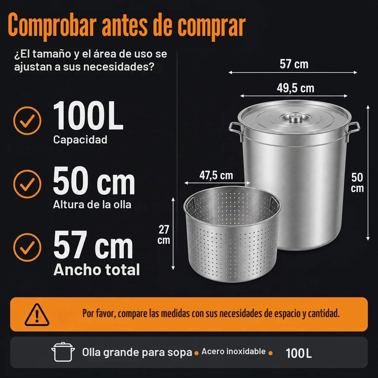 Olla para sopa de 100 L con tapa y cesta colador, acero inoxidable compatible con inducción, olla grande de 50 qt para gastronomía, freír y guisar
