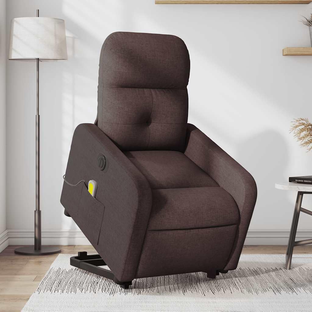Sillón elevador eléctrico con masaje de 6 puntos y reclinación automática, tejido marrón oscuro, función elevación y vibración, cómodo para personas mayores, mando a distancia