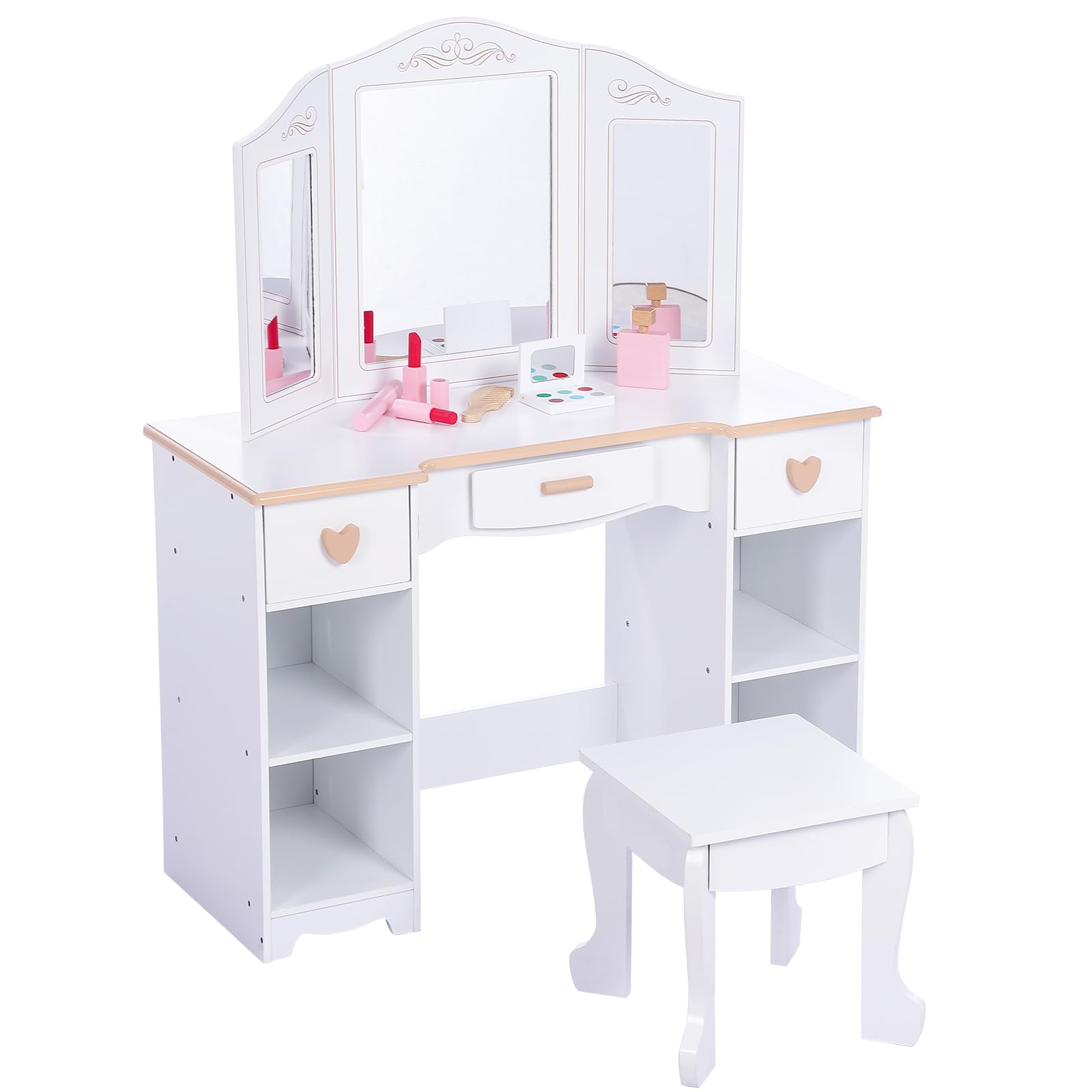 GarveeHome 2-in-1 Children's Dressing Table Set, Children's Dressing Table with Mirror, Dressing Table for Girls, Children's Make-Up Table with Stool, Drawers, Open Compartments, Princess Dressing
