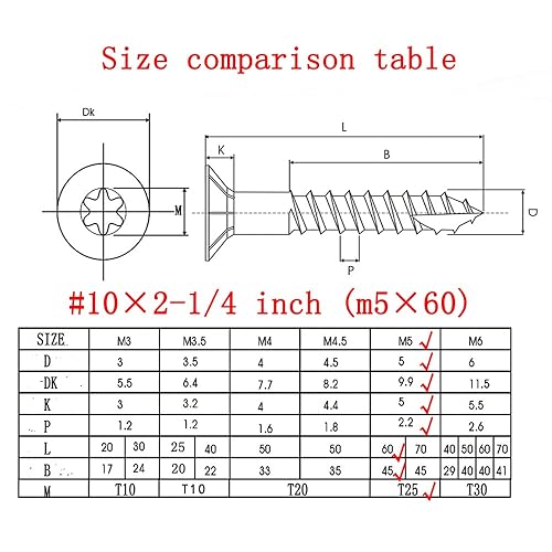 Miniatura 6 de Tornillos para madera #10 × Tornillos Torx Star Drive de 2-14 pulgadas, cabeza plana, M5 × 60 avellanados T25, corte de rosca autorroscante, acero