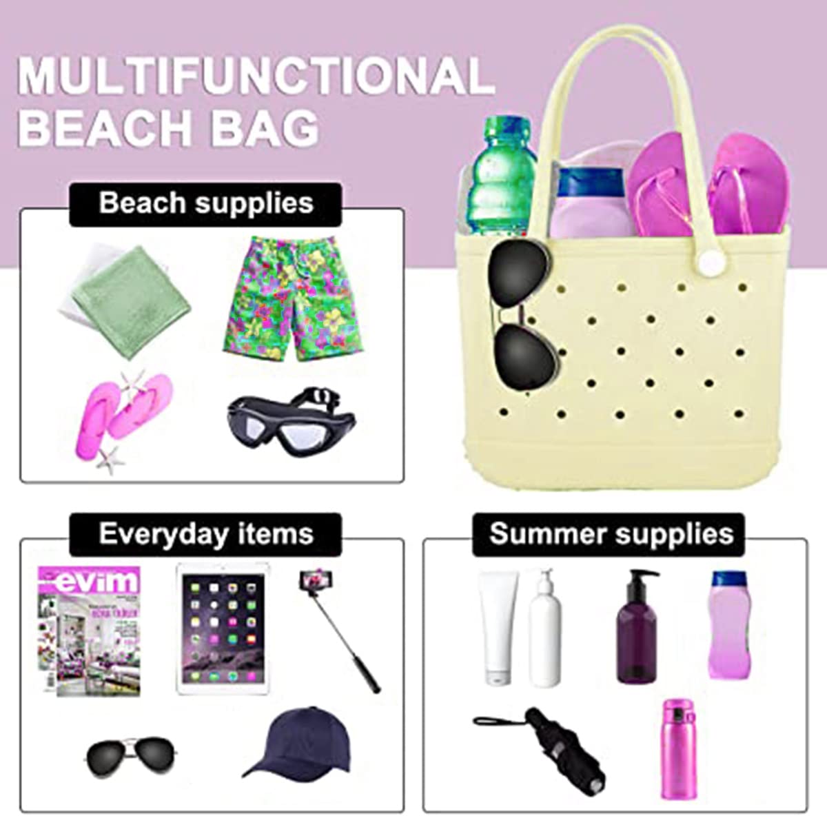 Bolso de Playa Grande Impermeable, Bolsa de Goma para Playa de EVA para Mujer con Agujeros, Bolsas de Viaje portátiles a Prueba de Arena, Lavable, para Al Aire Libre(Color:Violeta)