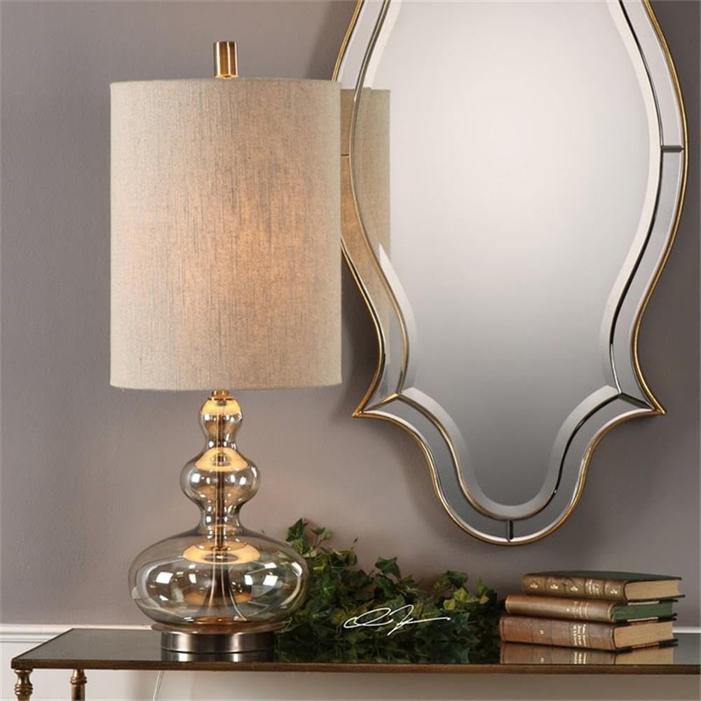 BOWERY HILL Modern Glass Table Lamp, 32.25" H, Antique Brass and Khaki Finish, Light Amber Glass, Steel and Fabric, 150W A Bulb, Tall Round Hardback Drum Shade, Designer David Frisch