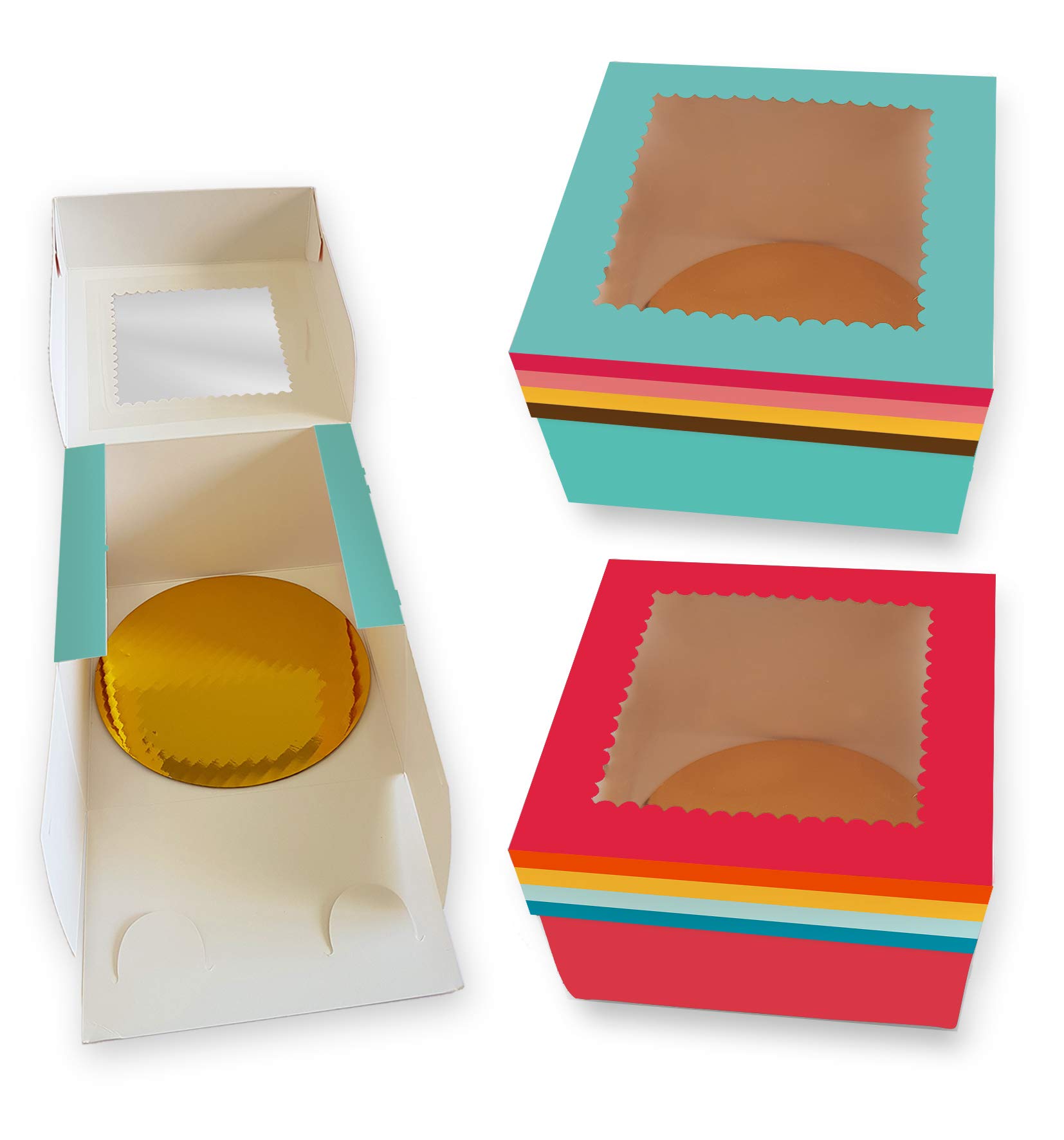 New Generation CooKeezz Couture - Cake Boxes 12x12x5 Inch, Super Elegant Auto Popup Pastry Boxes with Window for Cake and Cookies - 12 Pack Boxes Included with 12 Cake Round Boards. (RAINBOW)