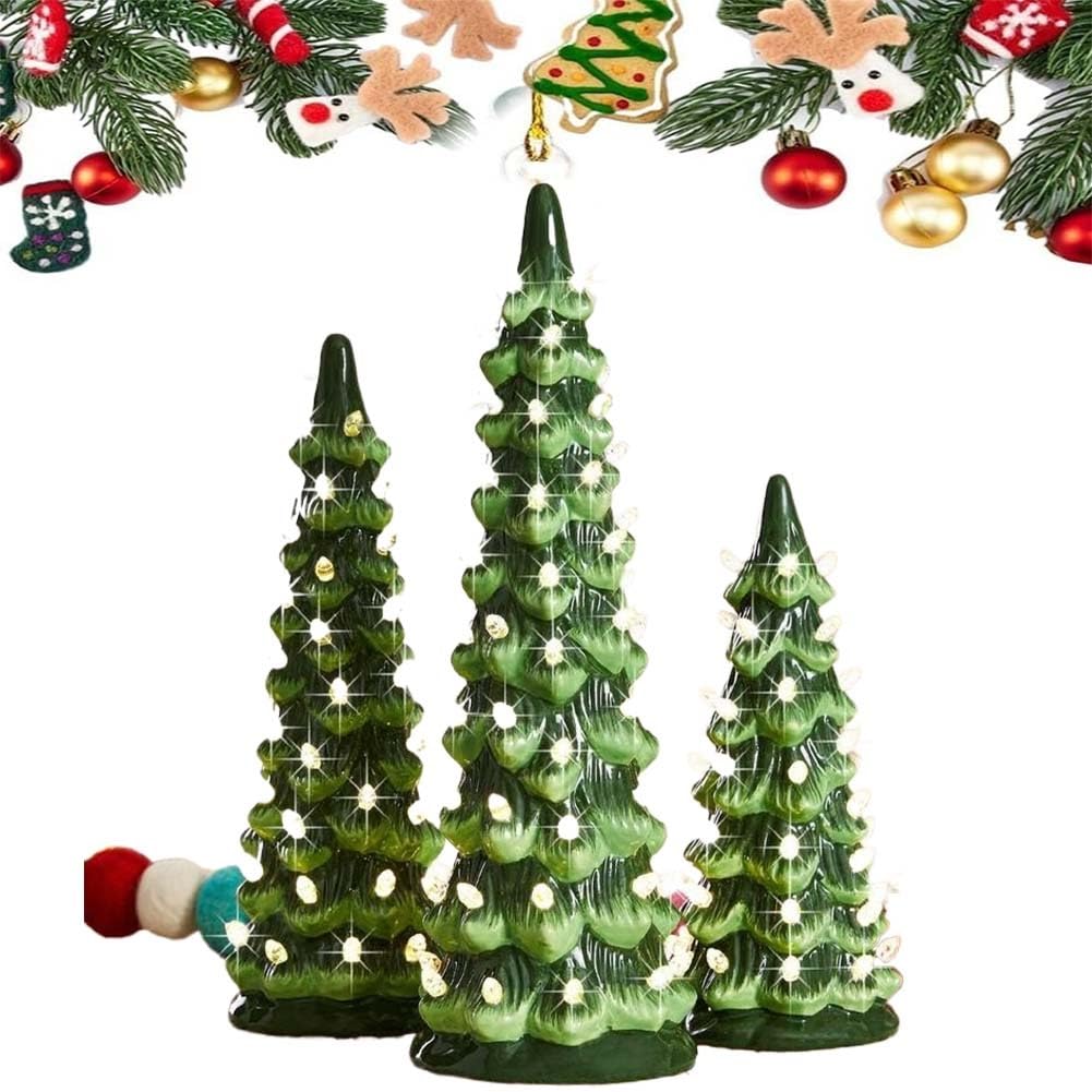 Árboles De Navidad Retro Pintados a Mano Con Temporizador, Luces LED Y Pilas. Decoración Navideña Para El Hogar, Chimenea, Adorno Festivo Coleccionable, Regalo De Navidad.(3pcs Warm White)