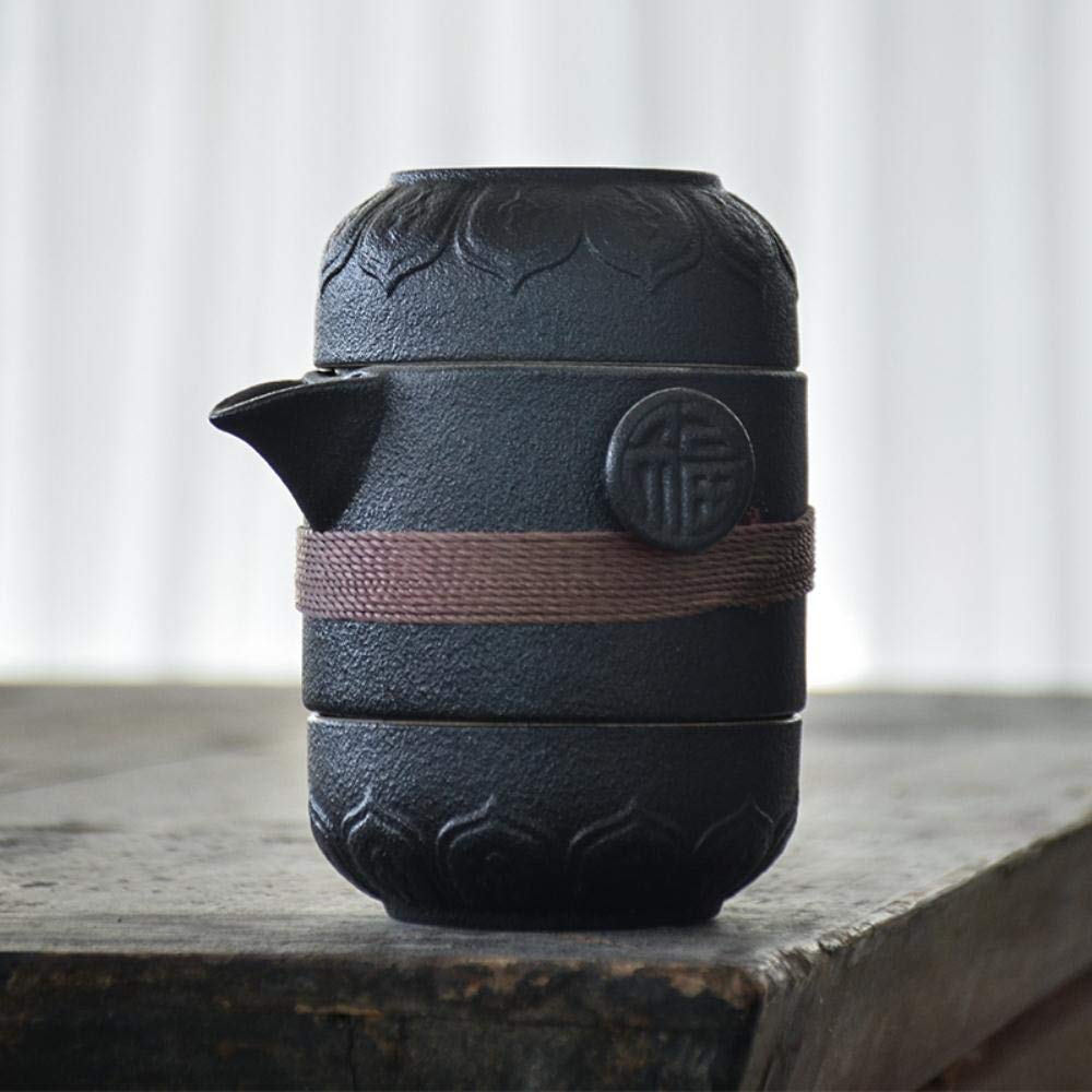 Teteras de cerámica negra con 2 tazas, juegos de té, juego de té portátil para oficina de viaje, utensilios para beber-Negro