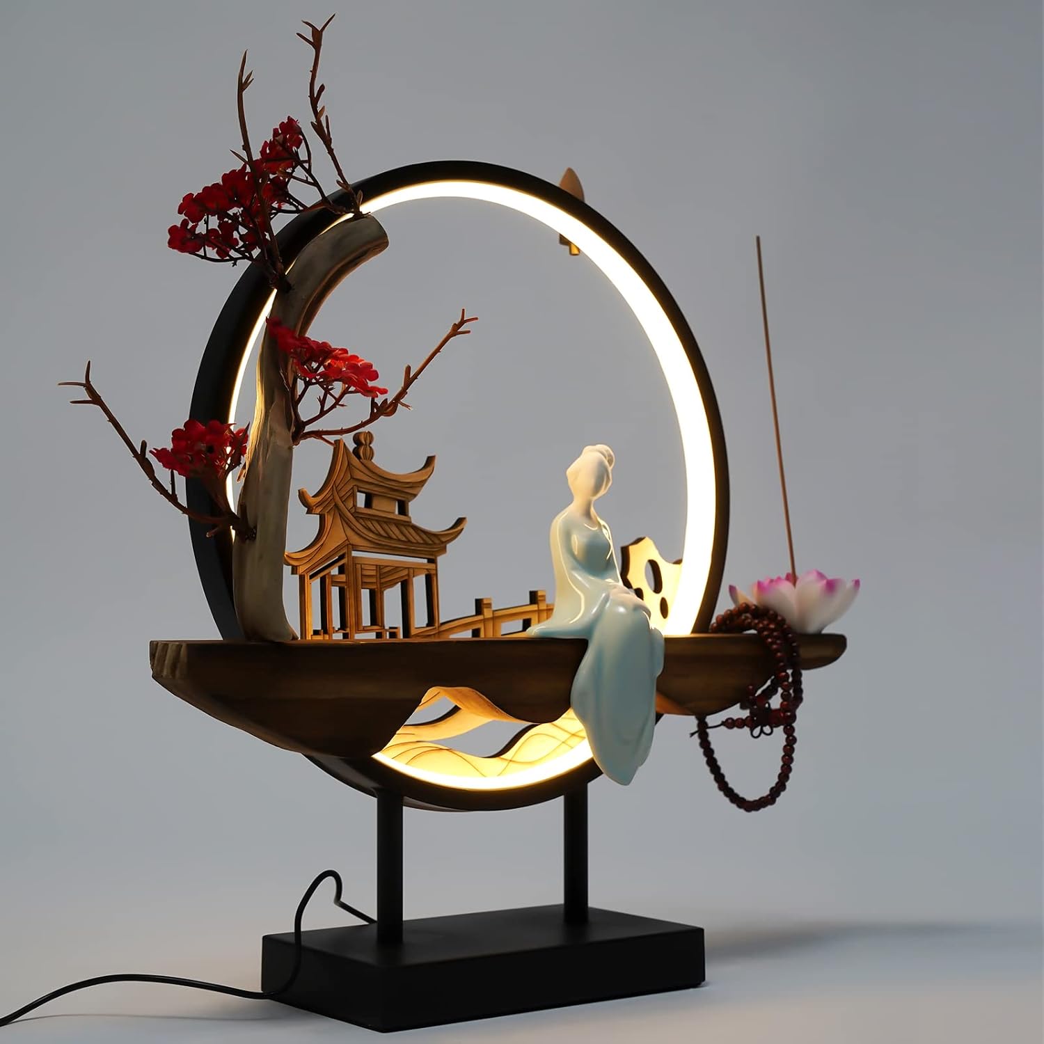Backflow Incense Burner Incense Cone Sticks Holder with LED Lights,Plum Blossom,Lotus Flower&Buddha Bead Bracelet,Porcelain Lighted Illuminated Relaxation for Home Office Decor