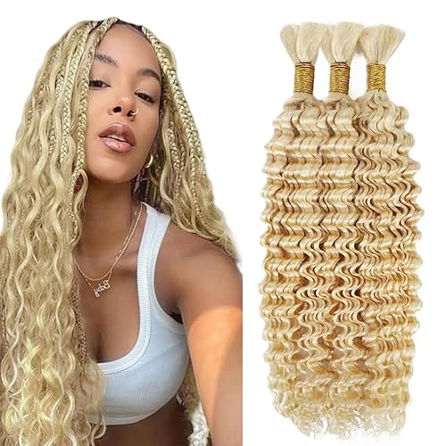 613 Blonde Human Braiding Hair for Boho Braids 18 18 18 Inch 613 Deep Wave Bulk Human Hair Knotless Boho Braiding Curly Virgin Hair Extensions 150g 3 Bundles/Pack