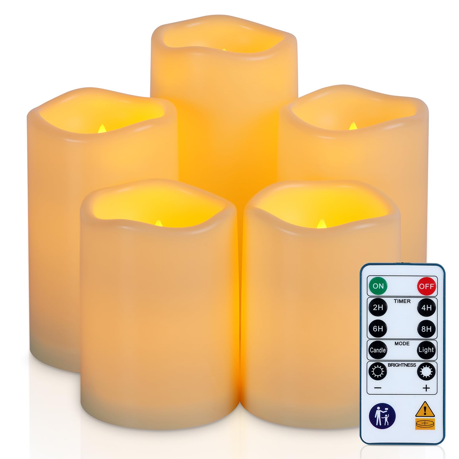 Homemory Outdoor Waterproof Battery Candles with Timer and Remote Control, Fake Electric Pillar Candle Battery Operated LED Flameless Candles Flickering, Ivory, Plastic, Won't Melt, Set of 5