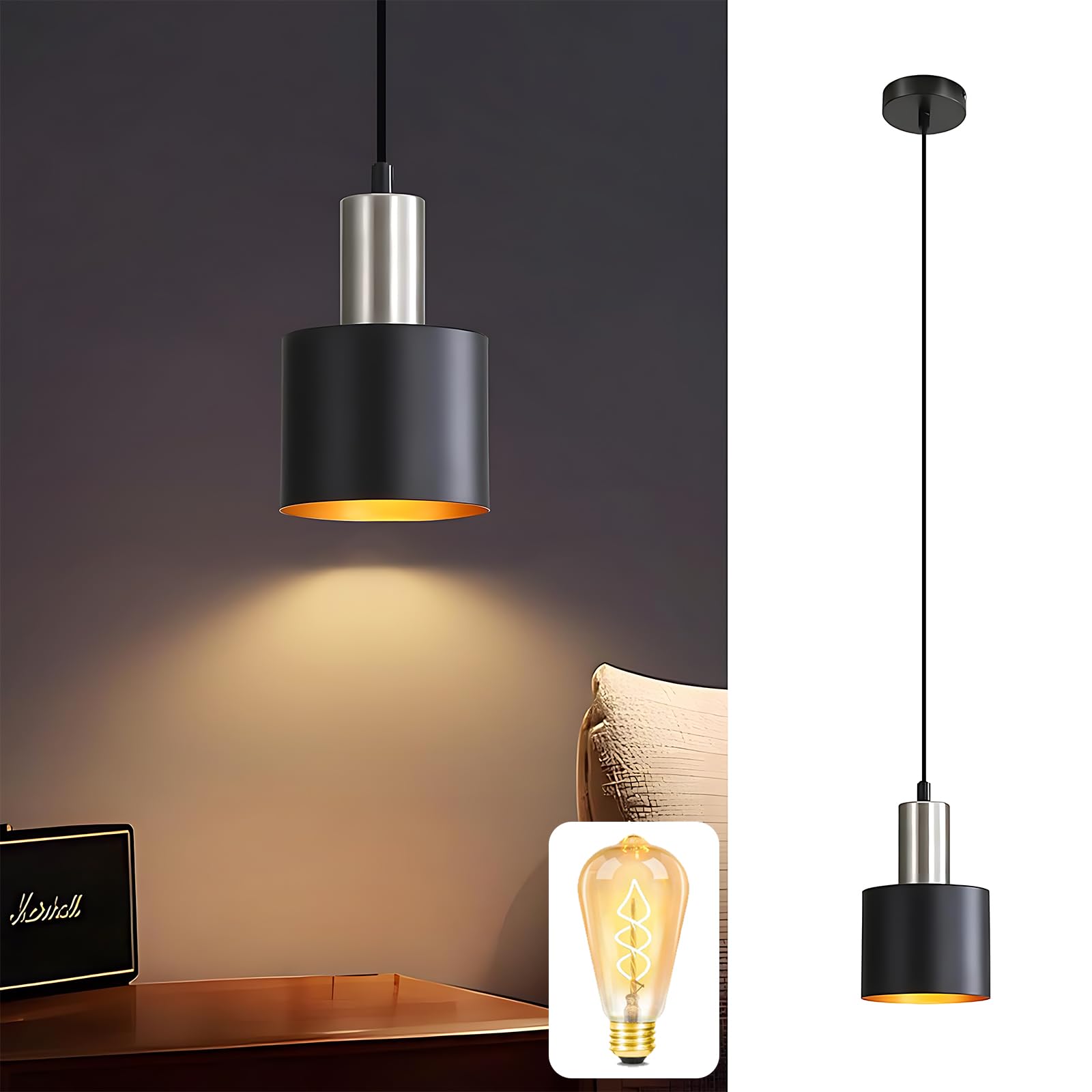 Lichtmaler Hängelampe Esstisch Pendelleuchte E27 Schwarz - Hängeleuchte Retro Schlafzimmerlampe Nachttisch Höhenverstellbar Küchenlampe Hängend Esszimmerlampe Vintage Industrial mit Leuchtmittel