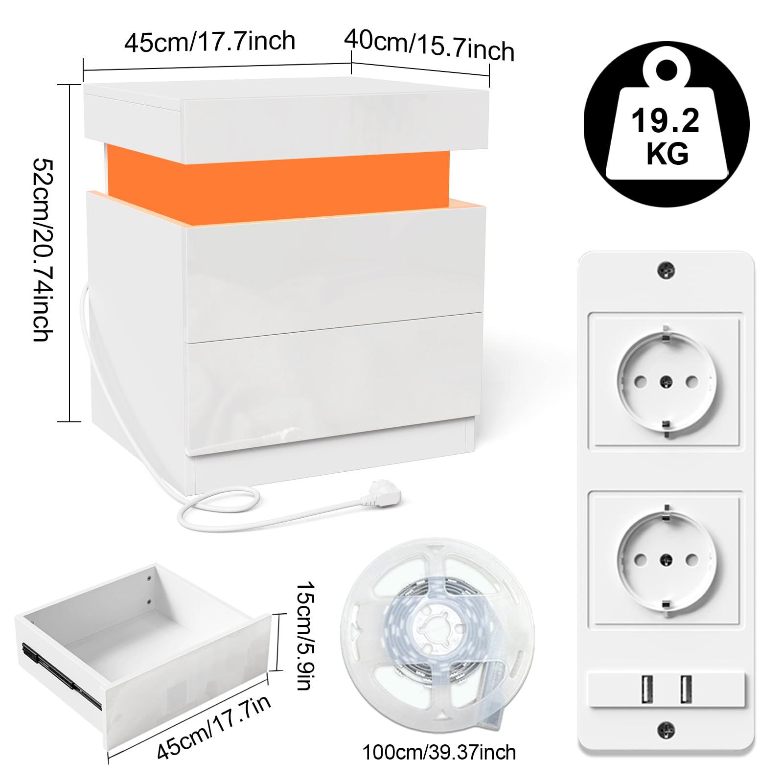 Comodino Camera da Letto con LED, Con Stazione di Ricarica, 2 Cassetti e Armadietti Scorrevoli Nascosti, Comodino Moderno, Per Arredamento Camera da Letto. (Bianco, 45x40x52cm)