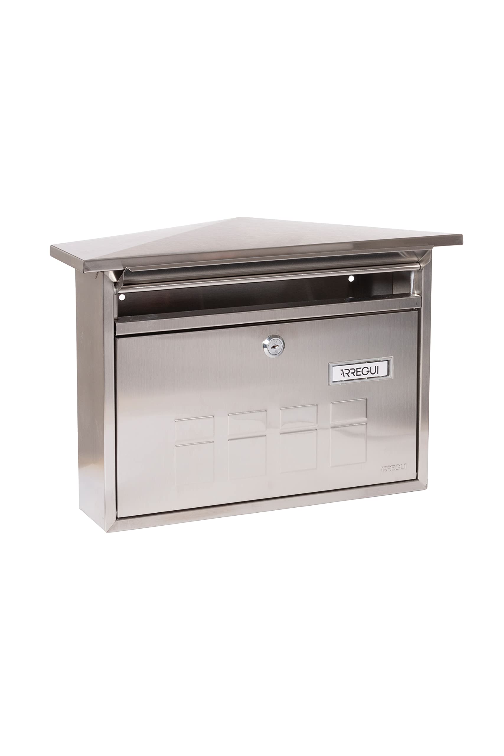ARREGUI Deco E5707 skrzynka na listy ze stali nierdzewnej, rozmiar M (DIN A4), pozioma ścienna skrzynka na listy do użytku na zewnątrz, skrzynka pocztowa do użytku na zewnątrz, z tabliczką na nazwisko