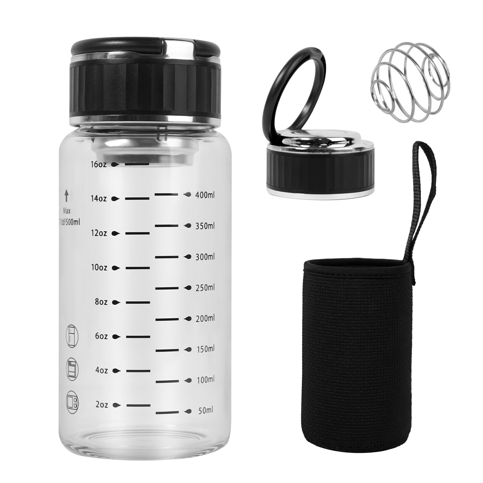 Protein Shaker Verre 500ml Avec Couvercle Et Poignée, Large Ouverture Nutrition Sportive Shaker Doté De Graduation, Pour Mélange Protéiné, Smoothies, Thé Glacé, L